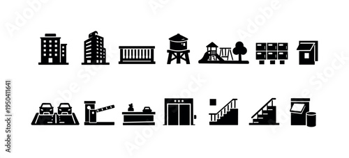 Collection of urban and public space icons representing buildings, amenities, and infrastructure