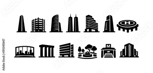 Collection of modern building icons representing diverse architectural styles and urban elements