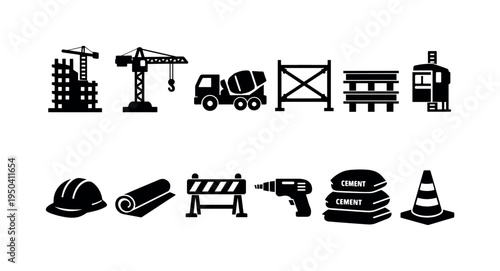 Collection of construction icons representing building, machinery, and safety equipment