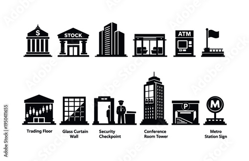 Collection of modern building icons representing finance, business, and urban infrastructure