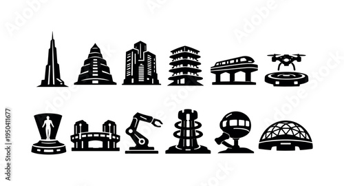 Collection of futuristic architecture and technology icons representing innovation and progress