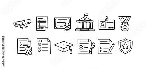 Collection of education and achievement icons including diploma, certificate, graduation cap, and award
