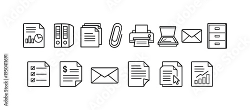Collection of office and business icons representing documents, data, and communication