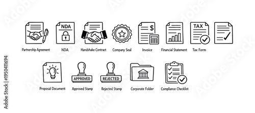 Collection of business and legal document icons for contract and finance