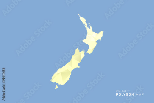 New Zealand Map in low poly polygon vector style, geometric shape illustration with soft yellow tones on blue background, clean silhouette for infographic.