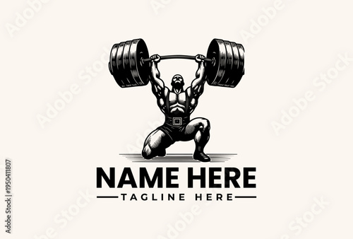 A muscular man lifting a heavy barbell in a black and white illustration with a beige background and space for a logo and tagline.
