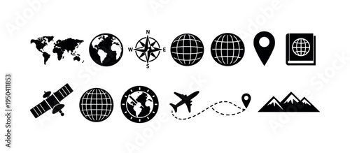 Collection of travel and navigation icons including globes, maps, compass, airplane, and mountains
