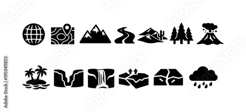 Collection of diverse landscape and natural environment icons in a clean, modern style