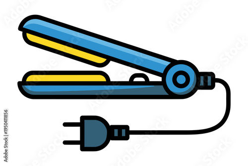 A blue and yellow hair straightener with an open clamp, showing the heating plates, connected to a black power cord and plug.