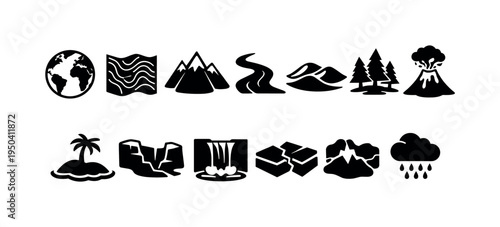 Collection of diverse natural landscape icons representing earth's geological features and weather phenomena