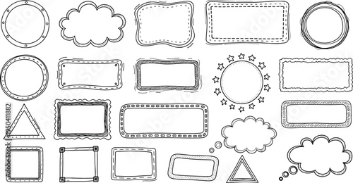 A collection of various hand-drawn text bubbles and frames on transparent background