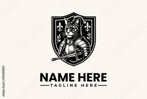 Black and white illustration of a knight cat holding a sword within a shield logo on a beige background with space for custom name and tagline.