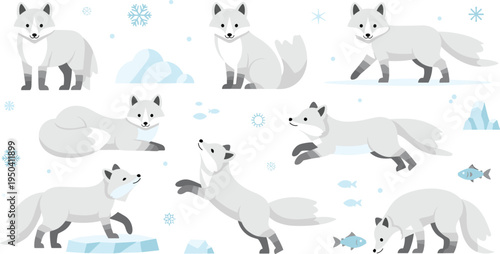 Arctic Fox Cartoon Character Set Featuring Sitting, Walking, Jumping, and Hunting Poses in Snowy Winter Landscape with Ice and Snowflakes.
