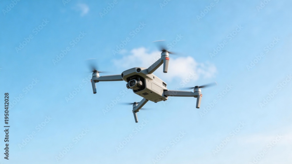 Fototapeta premium Drone flying in blue sky with camera for aerial photography and surveillance, idea for modern technology, aerial filming, mapping inspection and remote flight concept