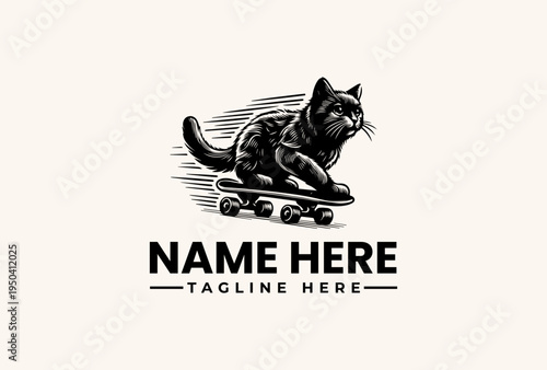 A black cat rides a skateboard in a vector illustration logo design with a clean white background and bold typography for a custom name and tagline.