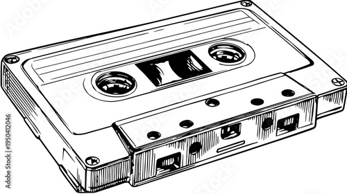 A black and white illustration of an audio cassette tape