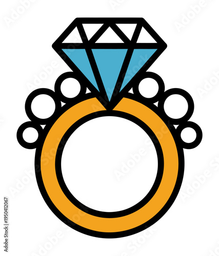 Stylized illustration of a gold ring with a prominent light blue diamond and decorative circular accents on the band.