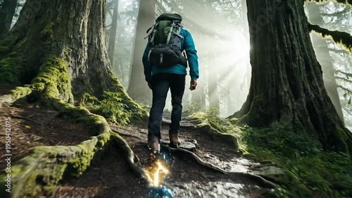 Backpacker hiking through lush ancient forest illuminated by glowing digital path technology