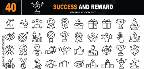 A set of black line icons for success and reward