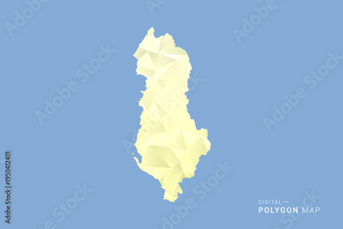 Albania Map in low poly polygon vector style, geometric shape illustration with soft yellow tones on blue background, clean silhouette for infographic.