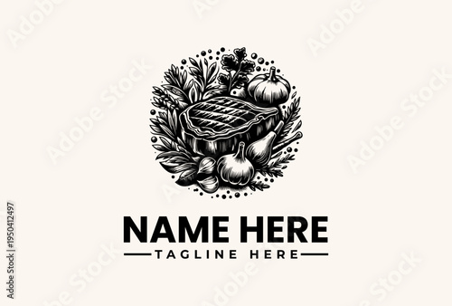 Black and white illustration of a logo featuring a bowl of food surrounded by vegetables and herbs on a clean background with a tagline and name placeholder.
