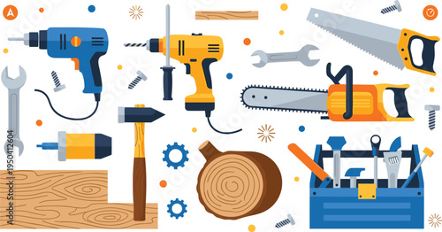 Carpentry and construction tools illustration set, electric drill chainsaw hammer saw wrench toolbox and wood elements, DIY woodworking equipment vector isolated on white