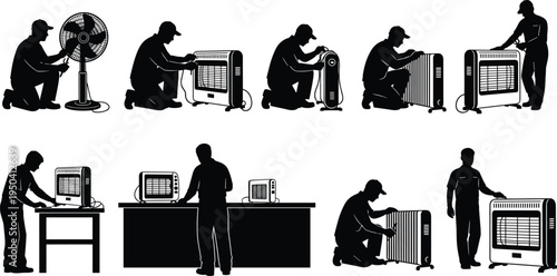 electric heater and fan repair silhouette set, technician fixing home appliances, maintenance service illustration, portable heater equipment collection, appliance repair vector icons
