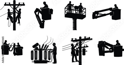 Electric linemen working silhouettes collection, utility workers repairing power lines with bucket lifts and transformers, electricity maintenance vector illustration isolated on white background
