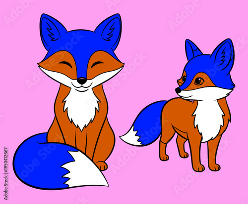 Two charming cartoon foxes with vibrant blue and orange fur, one sitting and one standing, set against a cheerful pink background.