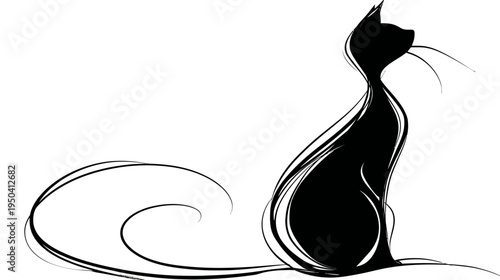 A stylized, black silhouette of a sitting cat with long swirly tail