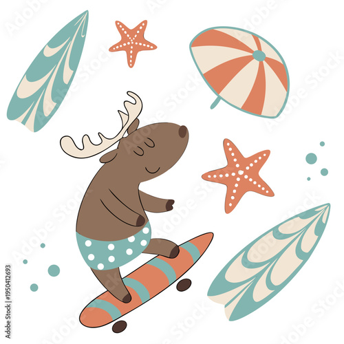 Cute Sleepy Moose, accessorized with riding a skateboard, in a Under the Sea world – Ocean Dreams palette vector