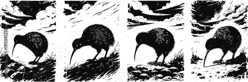 Four kiwi birds in different natural rocky habitat scenes under dramatic cloudy skies