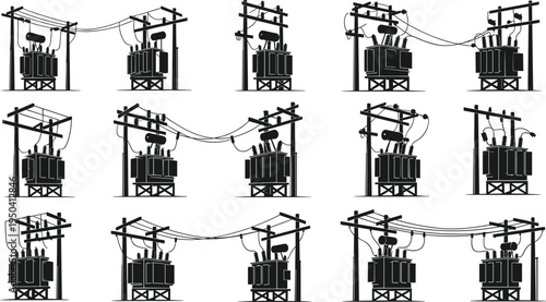 electricity, transformer, power, energy, utility, voltage, cable, wire, pole, substation, grid, infrastructure, industrial, silhouette, vector, power pole, electric transformer, utility pole, power li