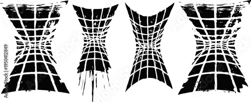 Abstract black distorted grid shapes with warped perspective on white background