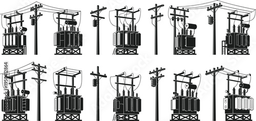 Electric power transformer and utility pole set, electrical distribution equipment silhouettes, high voltage grid infrastructure vector illustration, energy transmission industry elements collection
