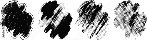 Black grunge artistic brush strokes set, rough textured paint splatters and ink blots for design