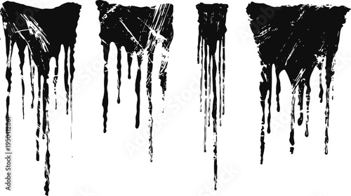grunge black paint drips set with rough edges and splatter stains for artistic design and abstract backgrounds