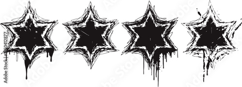 grunge black star shapes with dripping paint effect in a row on white background