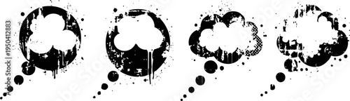 Grunge black speech bubbles in various shapes with distressed texture and thought dots
