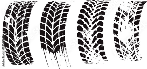 Tire tread patterns in black and white, different vehicle tire marks and skid impressions