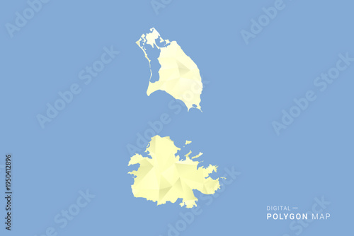 Antigua and Barbuda Map in low poly polygon vector style, geometric shape illustration with soft yellow tones on blue background, clean silhouette for infographic.