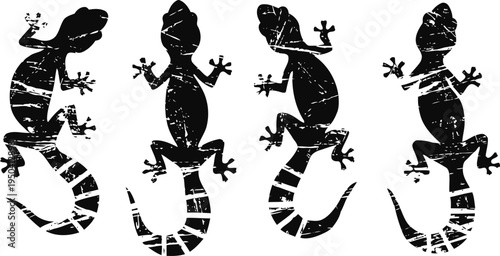 four black gecko silhouettes with distressed textures arranged in a row on white background