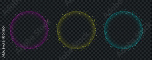 A series of three glowing translucent circular frames in gold teal and magenta hues against a transparent backdrop