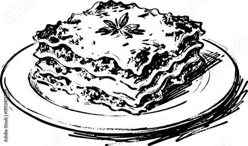 Traditional lasagna slice on a plate with garnish, italian pasta layered dish, classic cuisine meal