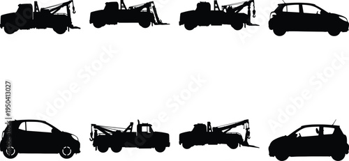 Assortment of tow truck and car silhouettes for transport and emergency roadside assistance