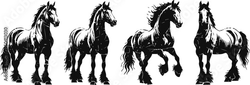 black silhouette horses in various poses with flowing manes and tails