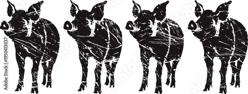 Four grunge pig silhouettes in a row, vintage distressed farmhouse farm animal design