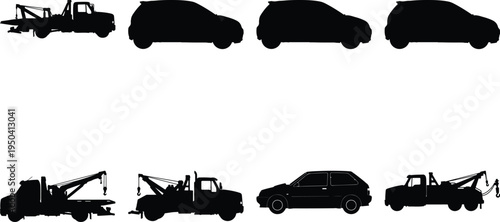 Collection of black silhouette tow trucks and cars on a white background, vector art