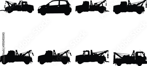 Various tow trucks and cars in silhouette, isolated on a white background, vector illustration
