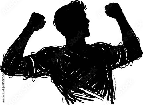 Silhouette of a person celebrating with raised arms and clenched fists expressing victory and joy